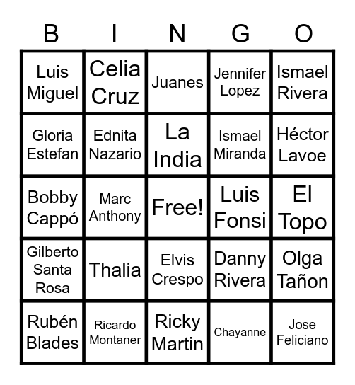 Latin Artist Bingo Card