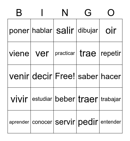 Er/ir Bingo Card