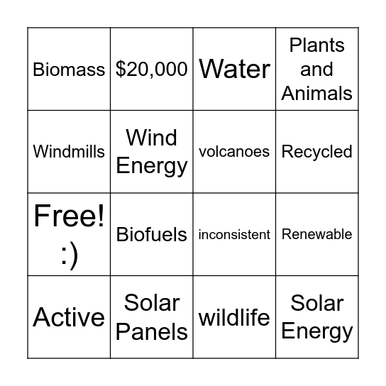 Renewable Resources Bingo Card