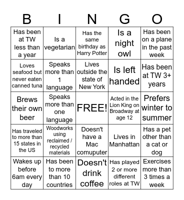 New Hire People Bingo!  Bingo Card