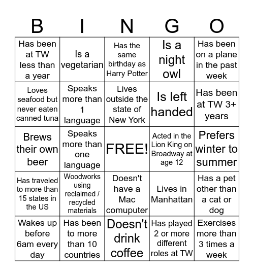 New Hire People Bingo!  Bingo Card