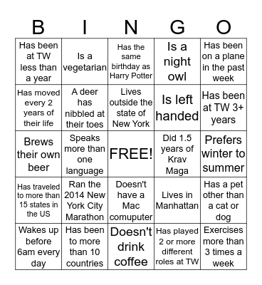 New Hire People Bingo!  Bingo Card