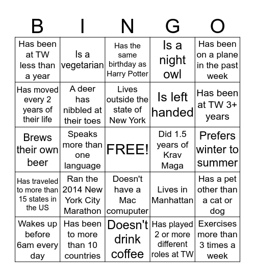 New Hire People Bingo!  Bingo Card