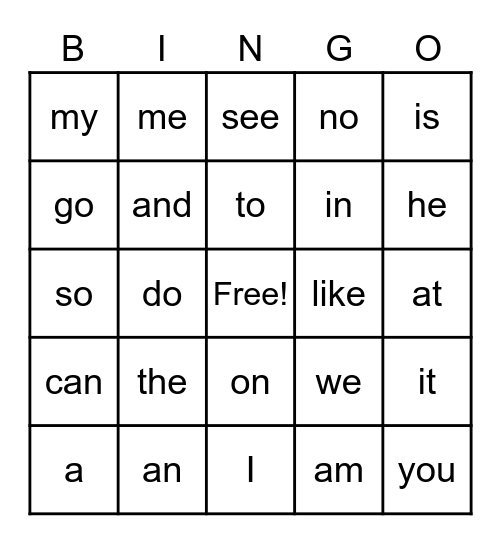 List A Bingo Card