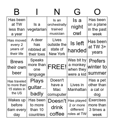 New Hire People Bingo!  Bingo Card