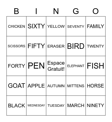 Vocabulaire Mélangé Bingo Card