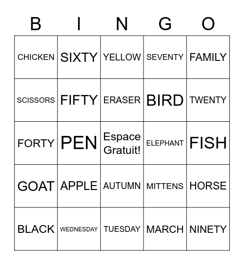 Vocabulaire Mélangé Bingo Card