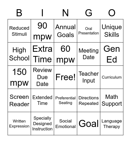 I Know My IEP Bingo Card