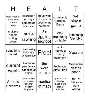 Health Class Bingo Card