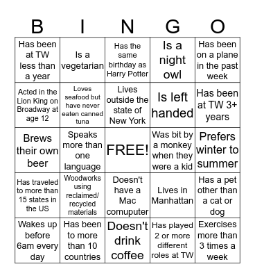 New Hire People Bingo!  Bingo Card