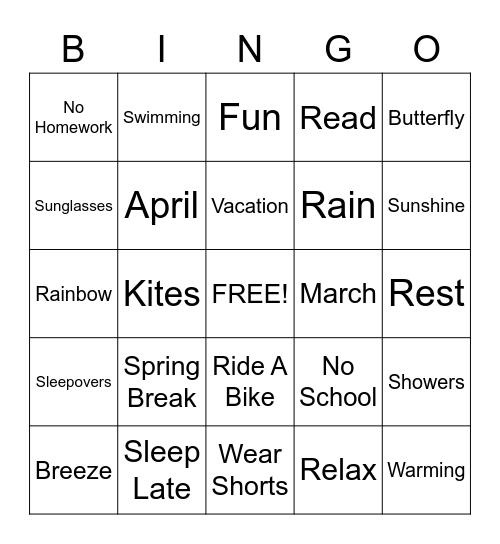 Spring Break Bingo Card