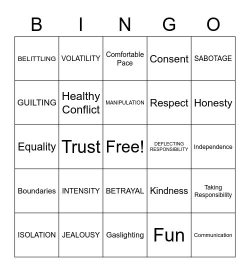 Relationship Bingo Card