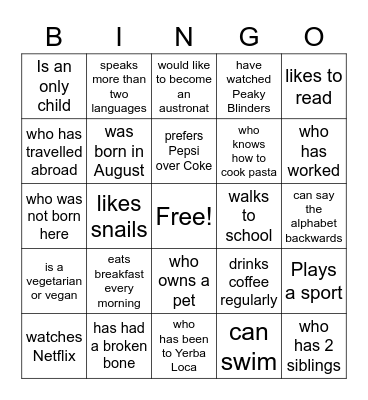 Human Bingo Card