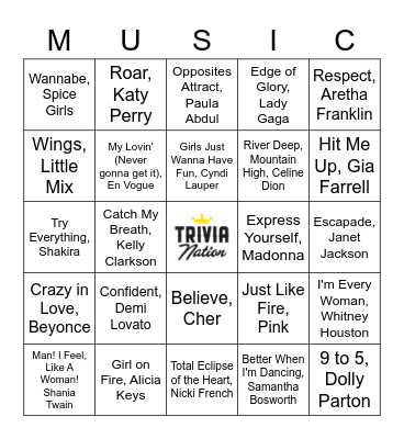 Celebrating Women in Music Bingo Card