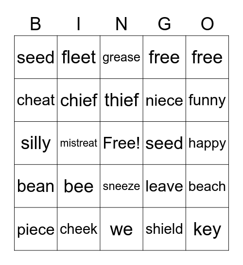 Long E Bingo Card