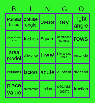 Math Vocab Bingo Card