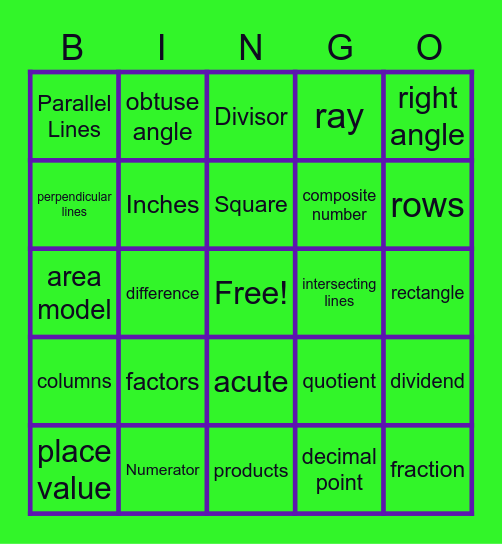 Math Vocab Bingo Card