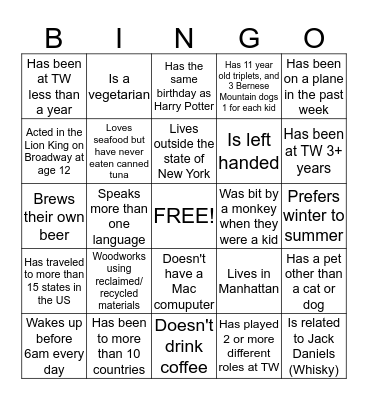 New Hire People Bingo!  Bingo Card