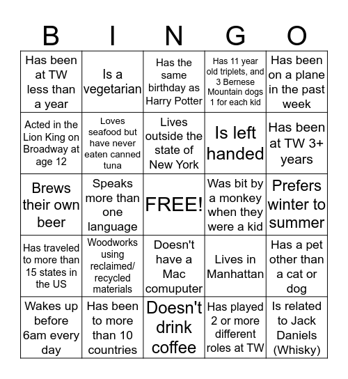 New Hire People Bingo!  Bingo Card