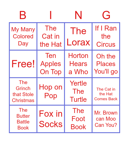 Read Across America Bingo Card