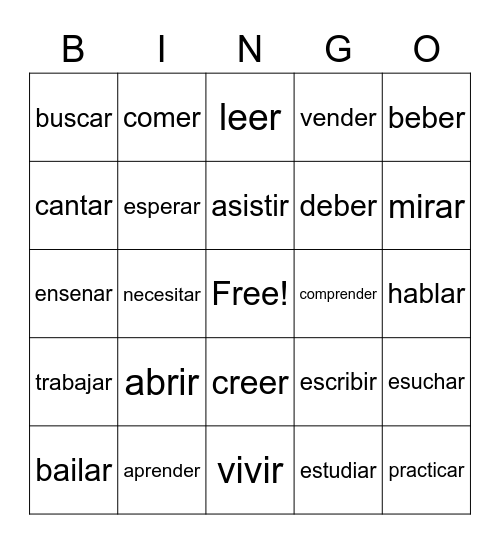 Spanish Verbs Bingo Card