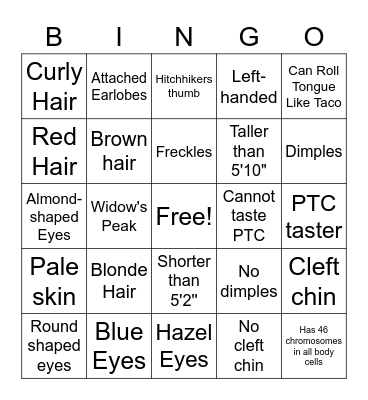 Genetic Traits Bingo Card