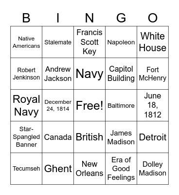 War of 1812 Bingo Card