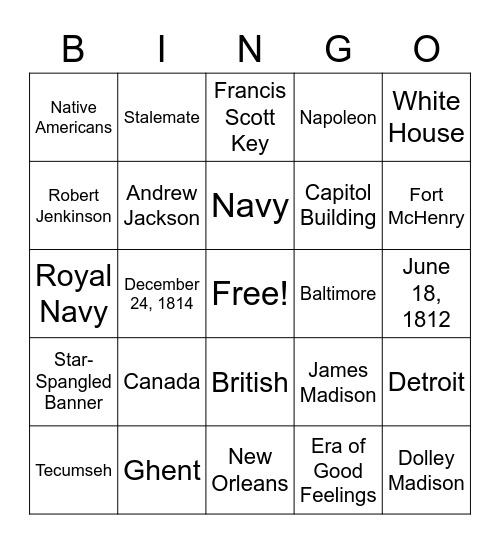 War of 1812 Bingo Card