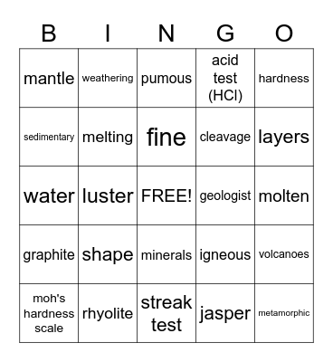 Minerals Bingo Card