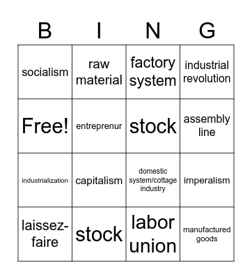 Industrial Revolution Bingo Card