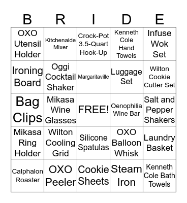 Bridal Shower Bingo! Bingo Card