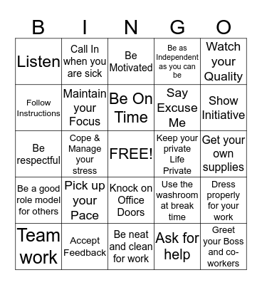 Work Habit  Bingo Card