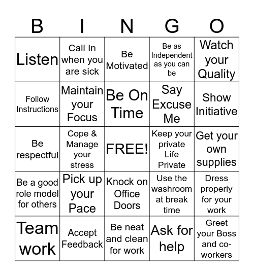 Work Habit  Bingo Card