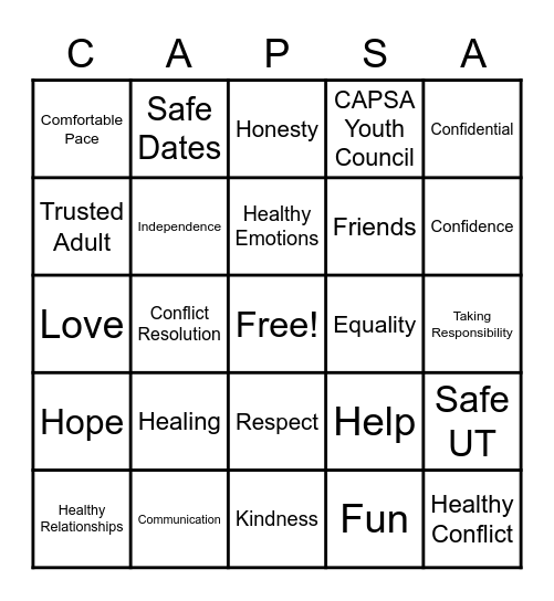 CAPSA Safe Date Night Bingo Card