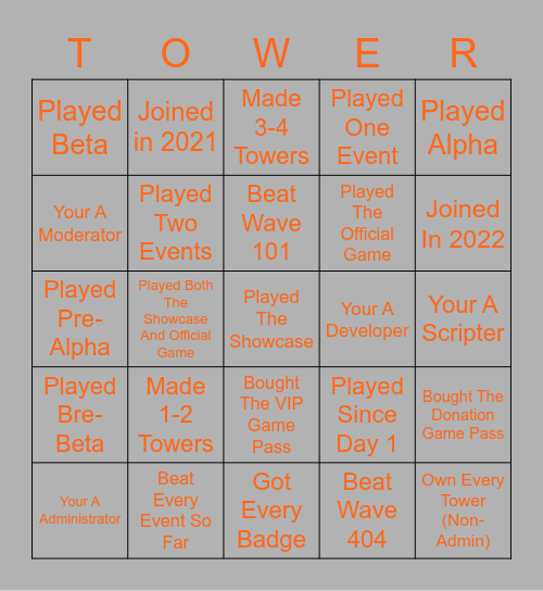 Towers & Zombies Bingo Card Bingo Card