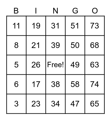 Brown Family Bingo Card