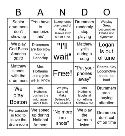 Band Room Bingo Card