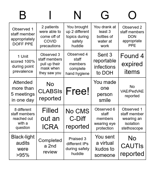 Infection Prevention BINGO Card