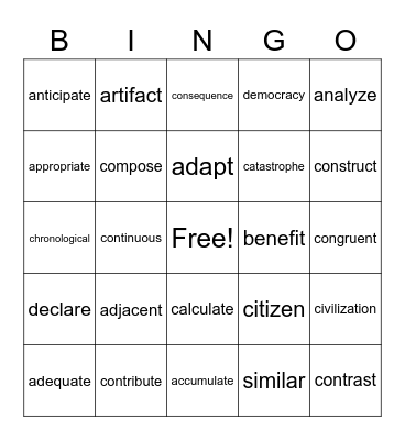 Vocabulary Challenge Words Bingo Card