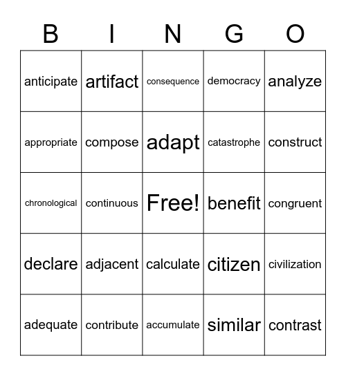 Vocabulary Challenge Words Bingo Card