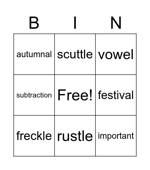 Spelling Bingo Card