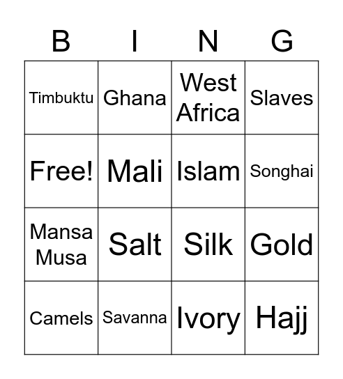 West Africa Bingo Card