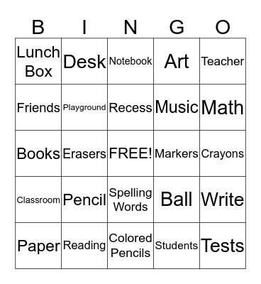 Back to School Bingo Card