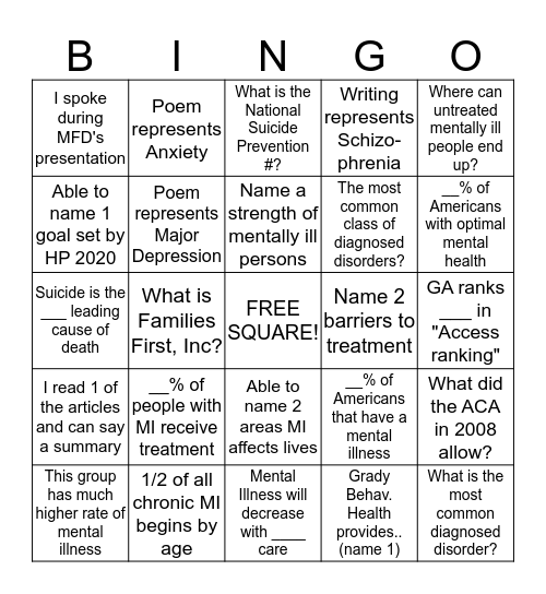 Mental Health BINGO Card