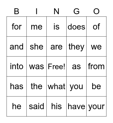 Sight Words Bingo Card