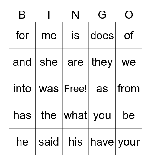 Sight Words Bingo Card