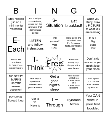 Test Taking Tips Bingo Card