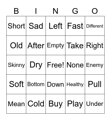 Antonyms Bingo Card