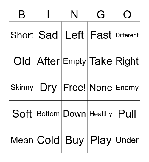 Antonyms Bingo Card