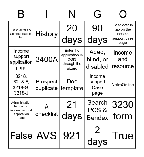 Case processing Bingo Card